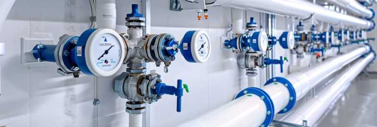 Betriebssichere Nebeneinrichtungen für effiziente Heizungs- und Anlagentechnik. Zentrale Pumpenstation und Rohrleitungen als wichtige Nebeneinrichtungen für die industrielle Wärmeerzeugung und Wasserverteilung.