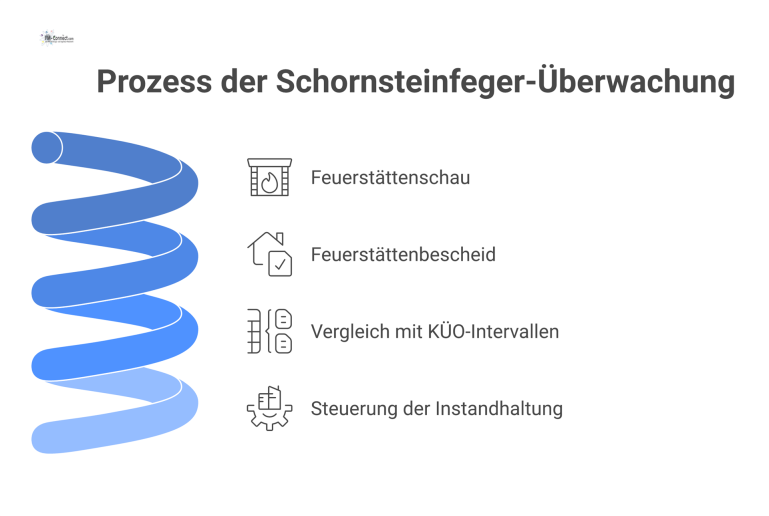 Prozess der Schornsteinfeger-Überwachung Ablaufdiagramm, das den Prozess von der Feuerstättenschau zum Feuerstättenbescheid mit verbindlichen Fristen zeigt und den allgemeinen KÜO-Intervallen gegenüberstellt