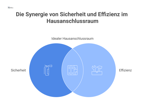 Technische Infografik eines idealen Hausanschlussraums in isometrischer Ansicht, die Betriebseinrichtungen, Lüftung und eine feuerfeste Rohrabschottung zeigt. 