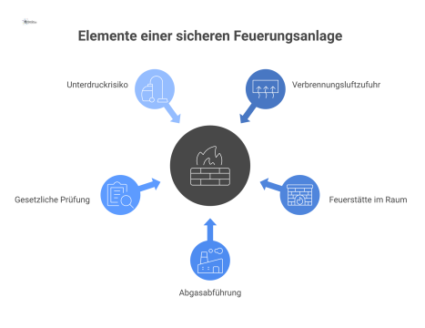 Infografik einer sicheren Feuerungsanlage mit den drei Elementen Luftzufuhr, Feuerstätte und Schornstein, sowie dem Risiko von Unterdruck.