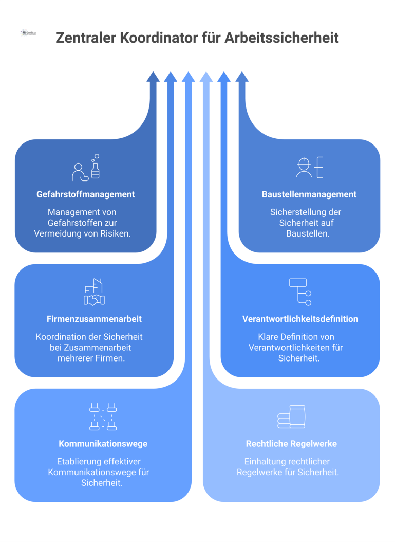 Zentraler Koordinator für Arbeitssicherheit Diagramm eines zentralen Koordinators, der die Sicherheit bei Gefahrstoffen, Baustellen und der Zusammenarbeit mehrerer Firmen auf rechtlicher Grundlage managt.