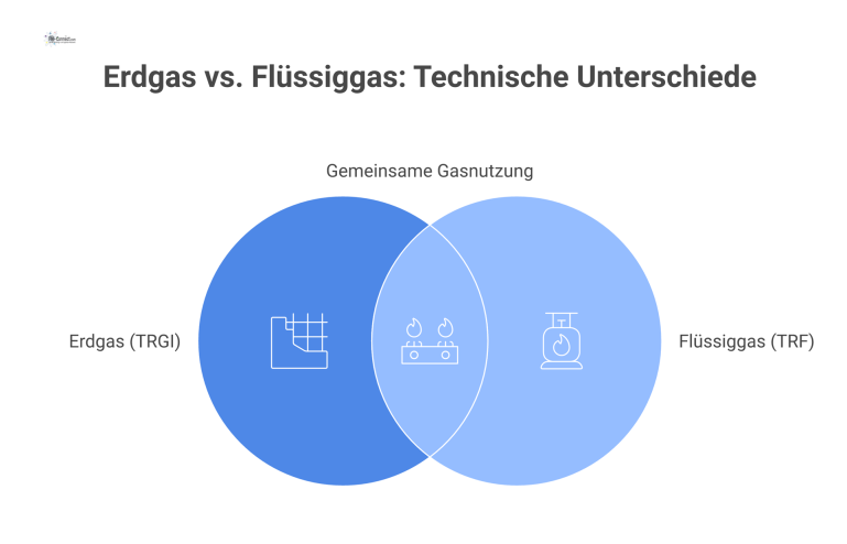 Zweispaltige Infografik, die die technischen Eigenschaften von Erdgas und Flüssiggas mit Icons und Stichworten vergleichend gegenüberstellt.