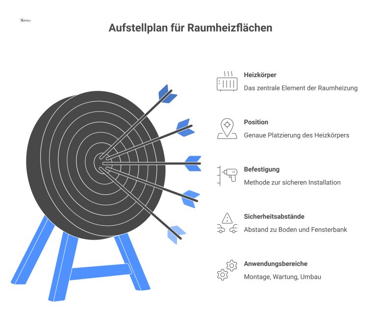 Aufstellplan für Raumheizflächen Technisches Diagramm eines Aufstellplans für einen Heizkörper mit Position, Befestigung und Sicherheitsabständen zu Boden und Fensterbank