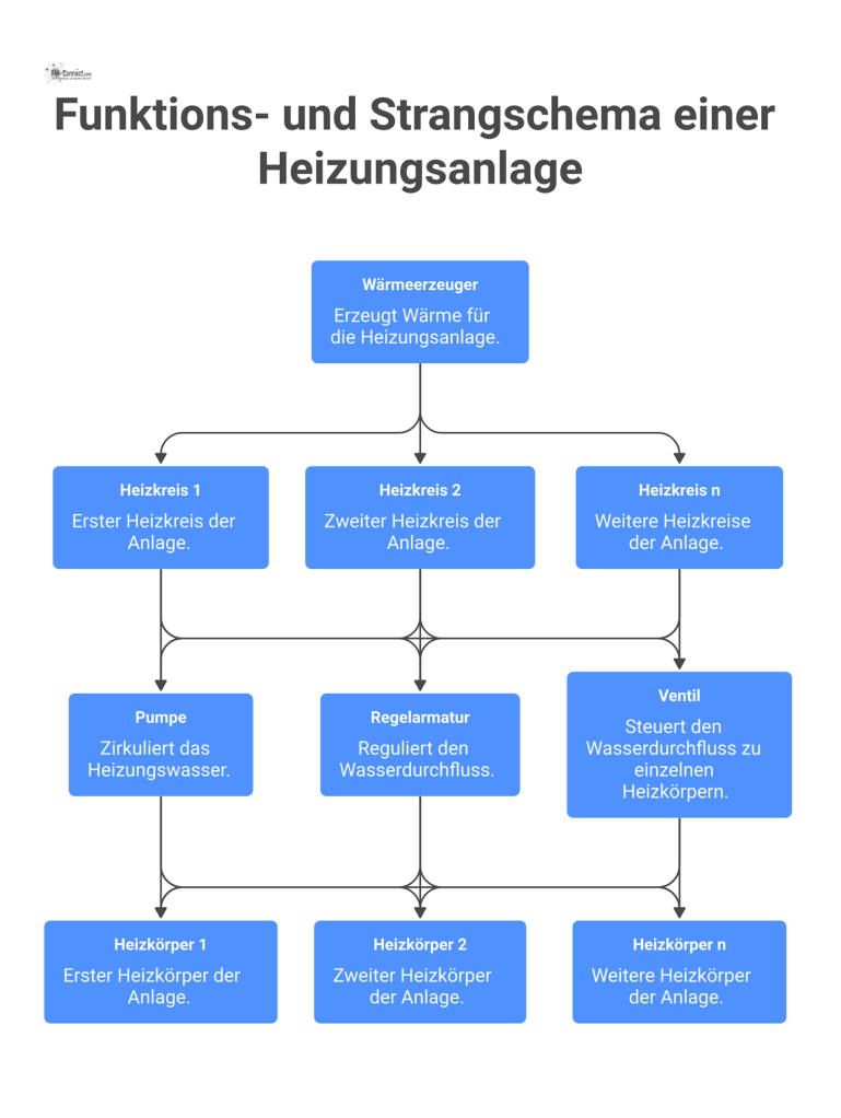 Funktions- und Strangschema einer Heizungsanlage Schematisches Funktions- und Strangschema einer Heizungsanlage, das einen Wärmeerzeuger zeigt, der über Pumpen und Ventile mehrere Heizkreise versorgtFunktions- und Strangschema einer Heizungsanlage