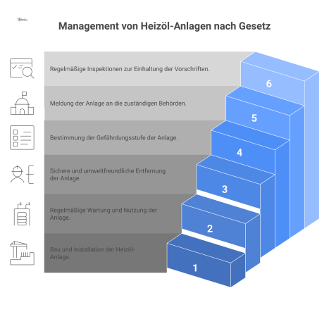 Flussdiagramm zum Lebenszyklus von Heizöl-Anlagen, das Errichtung, Betrieb und Stilllegung sowie die dazugehörigen gesetzlichen Pflichten wie Prüfungen und Klassifizierungen zeigt.