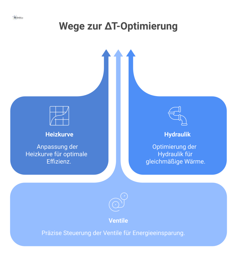 Technische Infografik zur Delta-T-Optimierung in Heizsystemen, die die Haupthebel Heizkurve, Hydraulik und Ventile und drei Systemziele darstellt. 