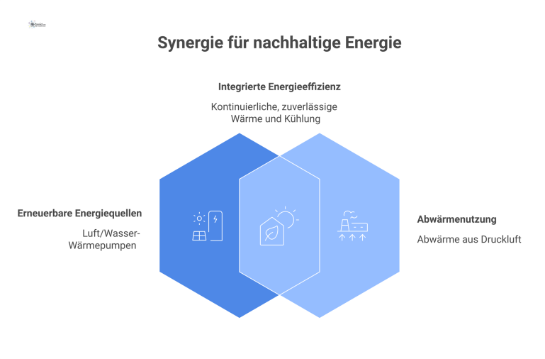 Diagramm der Energieflüsse eines hybriden Systems mit Wärmepumpen, Kessel und Abwärme, die über einen Pufferspeicher zu den Verbrauchern fließen. 