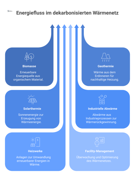 Infografik eines dekarbonisierten Wärmenetzes, das den Energiefluss von erneuerbaren Quellen über Heizwerke an Verbraucher wie Industrie und Kommunen darstellt.