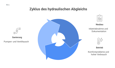 Zeitstrahl des hydraulischen Abgleichs im FM-Lebenszyklus, der die drei Phasen Neubau, Betrieb und Sanierung mit Icons darstellt. 