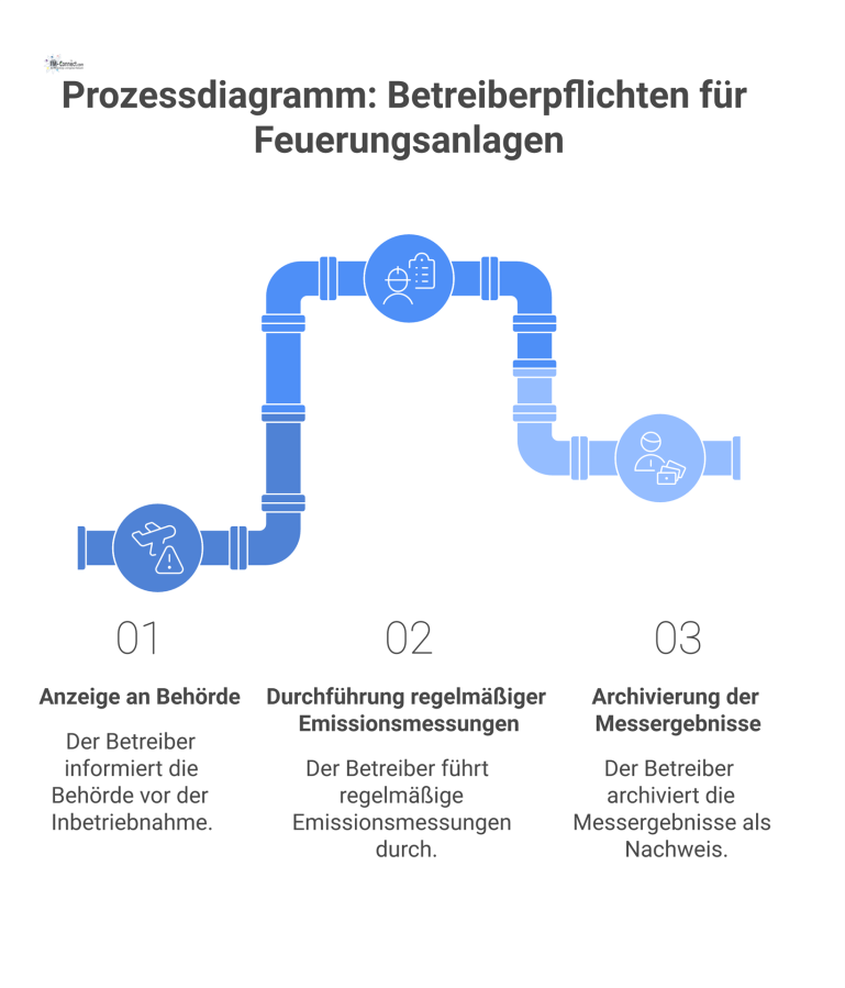 Prozessdiagramm: Betreiberpflichten für Feuerungsanlagen Prozessdiagramm zu Betreiberpflichten für Feuerungsanlagen: Anzeige bei Behörde, Durchführung von Emissionsmessungen und Archivierung der Messergebnisse als Nachweis.