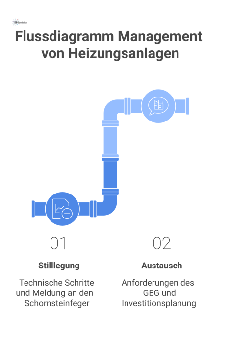 Ein Infografik-Flussdiagramm zum Management von Heizungsanlagen, das die Pfade Stilllegung mit Meldung und Austausch nach GEG-Anforderungen zeigt. 