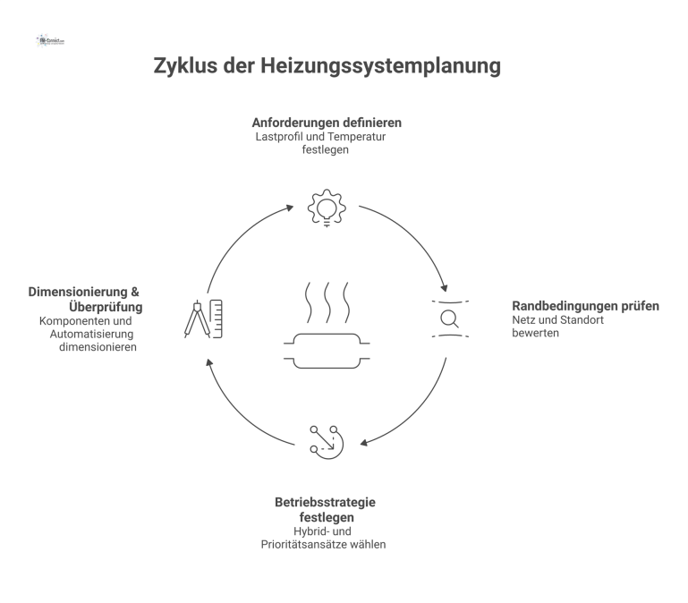 Planungsprozess für ein Heizungssystem Flussdiagramm des vierstufigen Planungsprozesses für ein Heizungssystem, von der Anforderungsdefinition über Randbedingungen und Betriebsstrategie bis zur Dimensionierung.