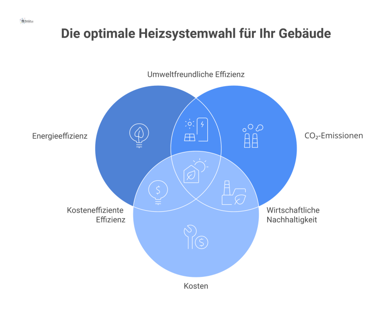 Diagramm, das Heizsysteme wie Gas, Öl und Wärmepumpe nach Effizienz, CO₂-Emissionen und Kosten vergleicht, inklusive erneuerbarer Energien. 