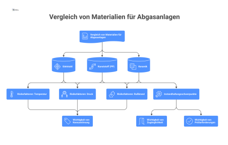 Infografik vergleicht die Materialien Edelstahl, Kunststoff und Keramik für Abgasanlagen anhand von Risikofaktoren, Instandhaltung und Prüfanforderungen.