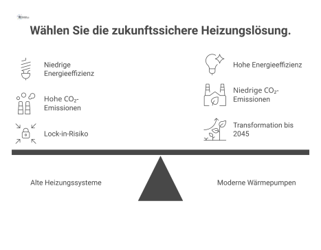Infografik vergleicht eine alte Öl-/Gasheizung mit einer modernen Wärmepumpe bezüglich Energieeffizienz, CO₂-Emissionen und Zukunftssicherheit als Entscheidungsgrundlage.