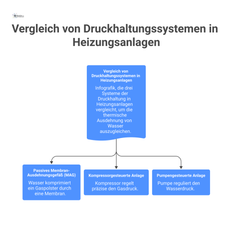 Infografik zum Vergleich von drei Druckhaltungssystemen in Heizungsanlagen: Membran-Ausdehnungsgefäß, kompressorgesteuerte und pumpengesteuerte Anlage. 