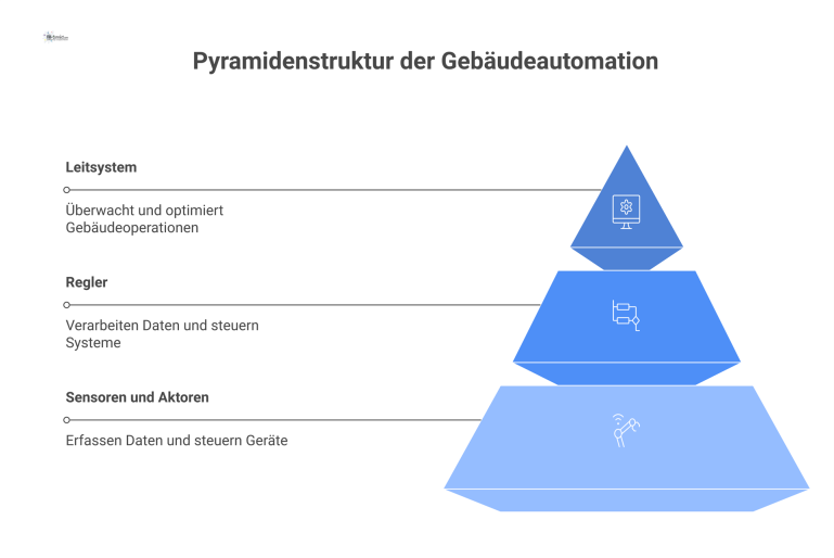 Eine Pyramide zeigt die Ebenen der Gebäudeautomation: Unten die Feldebene, in der Mitte die Automationsebene und oben die Managementebene. 