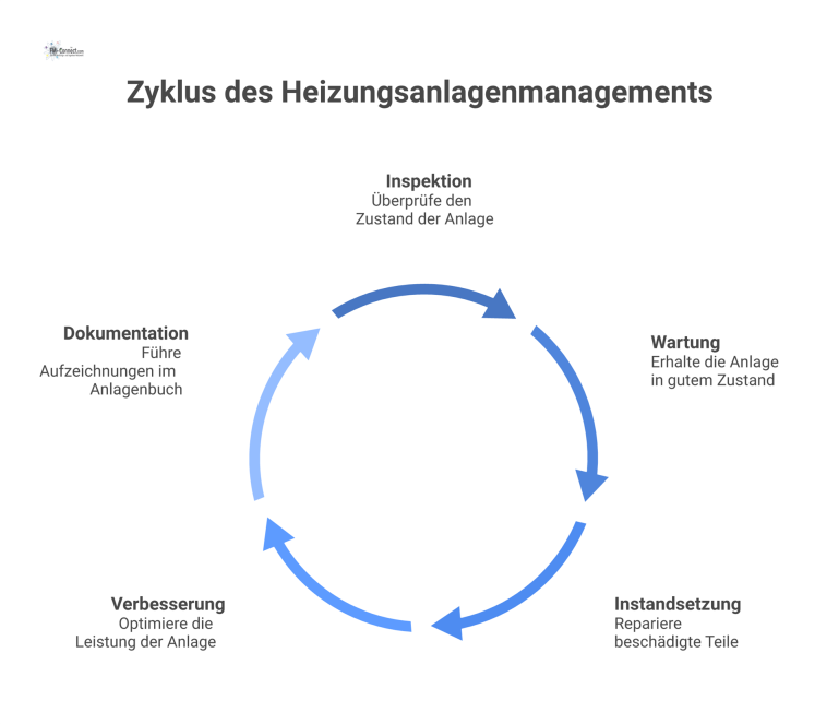 Management einer heiztechnischen Anlage Beziehungsdiagramm zum Management einer Heizungsanlage, das die Rollen, die vier Instandhaltungsprozesse und die dazugehörige Dokumentation im Anlagenbuch darstellt