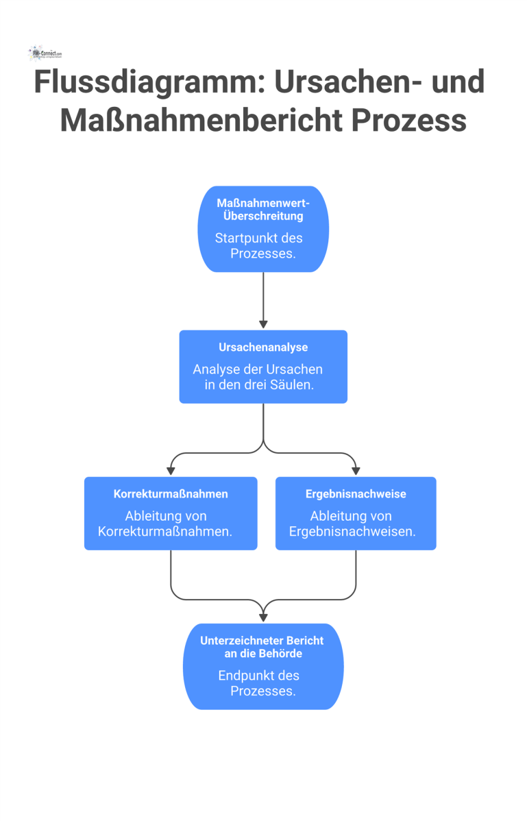 Flussdiagramm: Ursachen- und Maßnahmenbericht Prozess Flussdiagramm zum Prozess eines Ursachen- und Maßnahmenberichts, von der Wertüberschreitung über die Analyse und Maßnahmen bis zum unterschriebenen Behördenbericht.