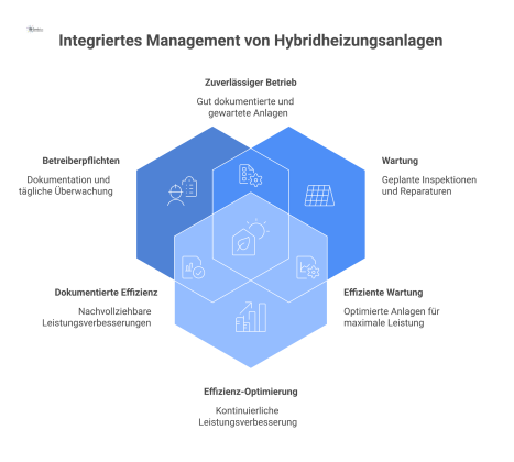 Diagramm zum Management von Hybridheizungsanlagen, das die drei Bereiche Betreiberpflichten, Wartung der Komponenten und kontinuierliche Effizienz-Optimierung visualisiert