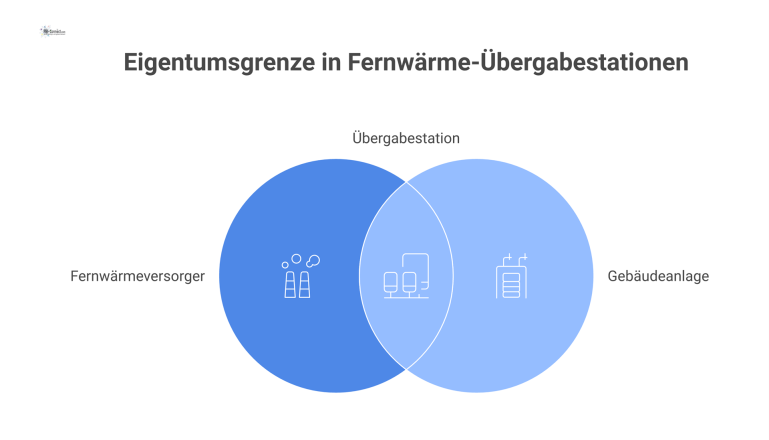 Eigentumsgrenze in Fernwärme-Übergabestationen Technisches Fließschema der Eigentumsgrenze in einer Fernwärme-Übergabestation, das die Trennung zwischen Versorger und Gebäude bei direkter und indirekter Einspeisung zeigt.