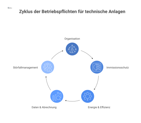 Mindmap mit dem zentralen Thema Regelbetrieb und den fünf Hauptästen Organisation, Immissionsschutz, Energie & Effizienz, Daten & Abrechnung sowie Störfallmanagement.