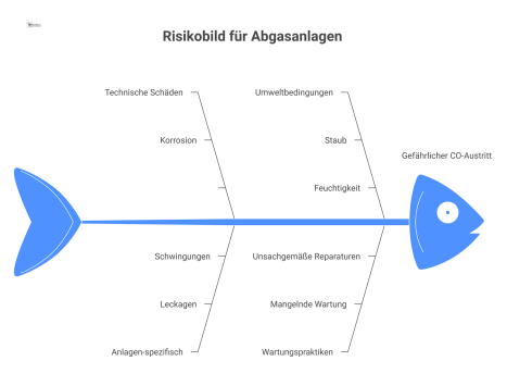 Infografik, die Risiken von Abgasanlagen darstellt, mit dem zentralen Thema CO-Austritt und weiteren Gefahren wie Korrosion und Leckagen. 