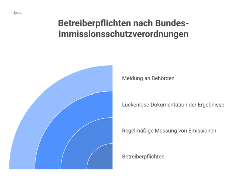 Infografik über die Betreiberpflichten nach BImSchV, gegliedert in regelmäßige Messungen, lückenlose Dokumentation der Ergebnisse und Meldung an Behörden.