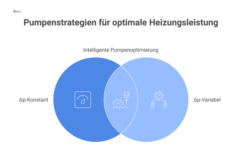 Infografik zu Pumpenstrategie und Differenzdruckregelung Infografik über Pumpenstrategien, die eine konstante und eine variable Differenzdruckregelung in einem Heizkreis mit verschiedenen Symbolen vergleicht