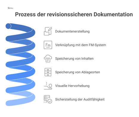 Diagramm des Prozesses zur revisionssicheren Dokumentation für technische Dämmung, der die Verknüpfung von Dokumenten in einem zentralen System zeigt. 