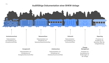  Infografik einer zentralen Anlagenakte mit fünf Zweigen: Immissionsschutz, Energierecht, Netzanschluss, Arbeitsschutz und Eichrecht, sowie interagierenden Prozessen.
