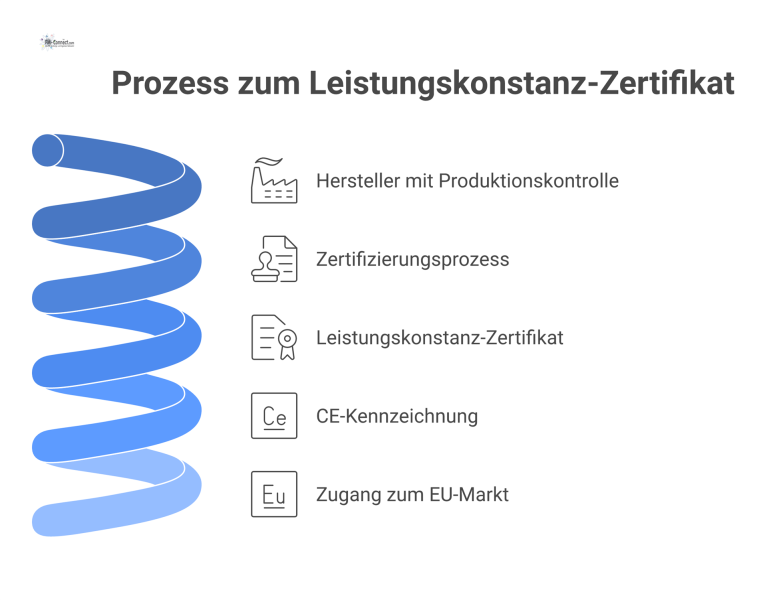 Prozess zum Leistungskonstanz-Zertifikat Infografik über den Zertifizierungsprozess für Bauprodukte: von der werkseigenen Produktionskontrolle über das Zertifikat bis zur CE-Kennzeichnung für den EU-Markt.