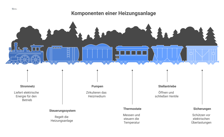 Technisches Anschlussdiagramm einer Heizungsanlage Schematisches Anschlussdiagramm einer Heizungsanlage, das die elektrische Verkabelung von Pumpen, Thermostaten und Sicherungen mit dem Steuerungssystem und Stromnetz zeigt.