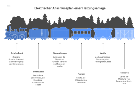 Detaillierter elektrischer Anschlussplan einer Heizungsanlage mit Schaltschrank, Stromkreisen, Pumpen, Ventilen und Sensoren nach DIN-Norm. 