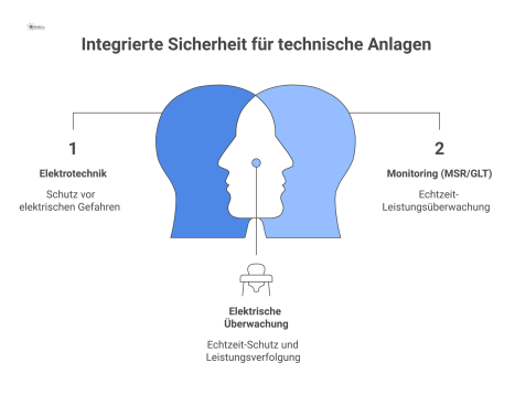 Systemdiagramm zum sicheren Betrieb technischer Anlagen, das die drei Ebenen Elektrotechnik, Monitoring und Cybersicherheit mit ihren jeweiligen Konzepten zeigt. 