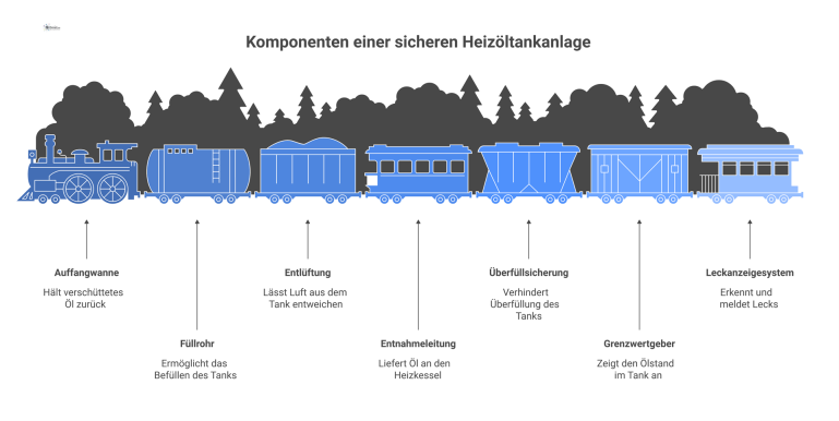 Technische Infografik einer sicheren Heizöltankanlage Infografik einer sicheren Heizöltankanlage mit Auffangwanne, Anschlüssen und Sicherheitstechnik wie Grenzwertgeber und Leckanzeigesystem nach AwSV.