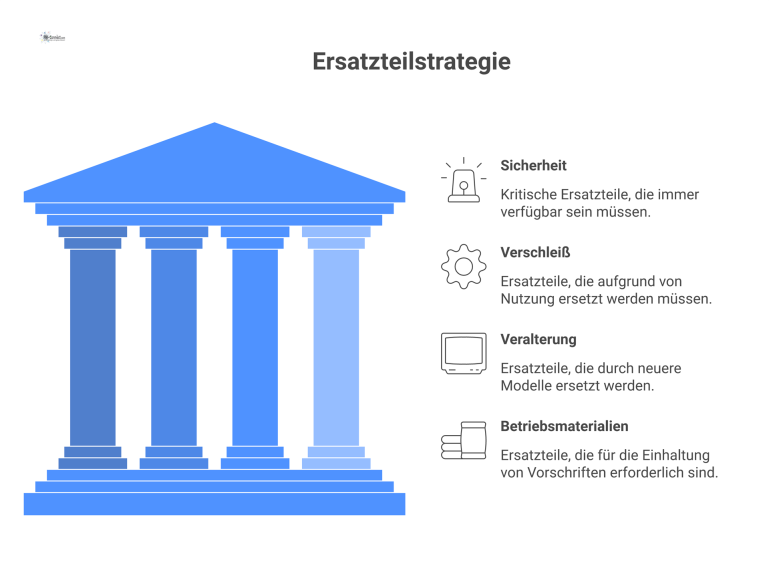 Strukturdiagramm zur Ersatzteilstrategie Strukturdiagramm zur Ersatzteilstrategie, das vier Teile-Kategorien mit ihren Attributen und die Planungslogik zur Bestandssteuerung darstellt.