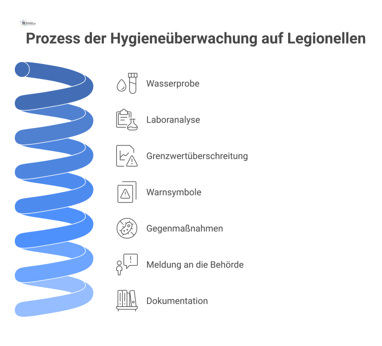 Prozess der Hygieneüberwachung auf Legionellen Infografik über die Hygieneüberwachung von Wasseranlagen, die den Prozess von der Wasserprobe bis zur Laboranalyse und den Maßnahmen bei Grenzwertüberschreitung zeigt