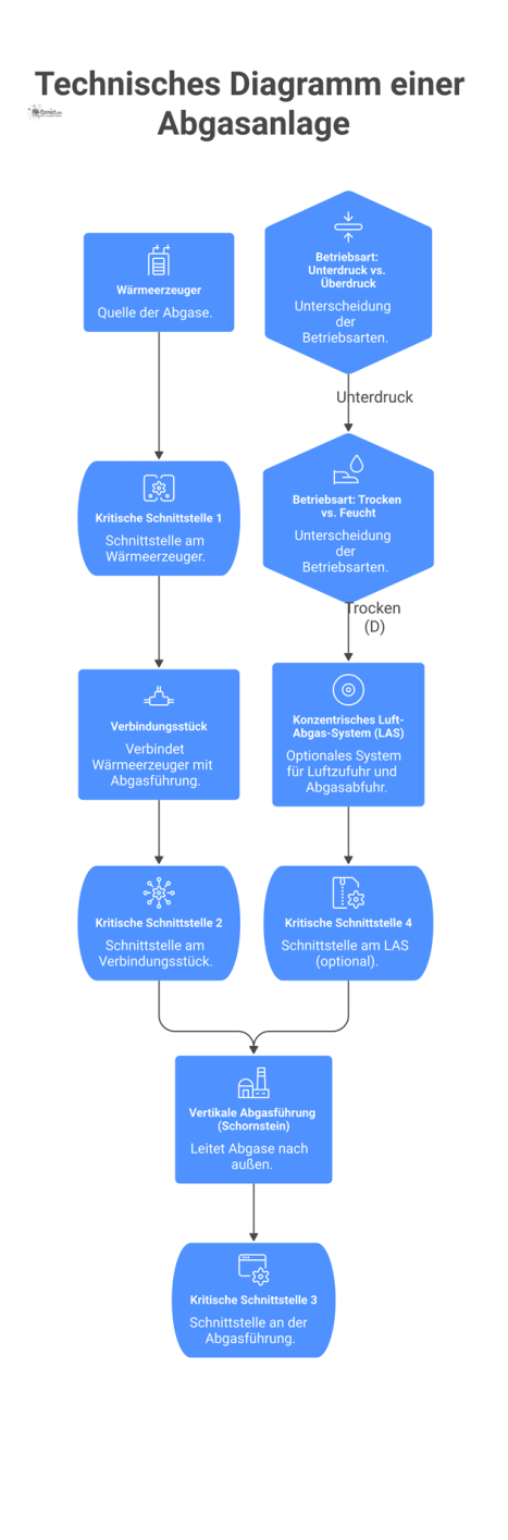 Technisches Diagramm einer Abgasanlage vom Wärmeerzeuger bis zum Schornstein, inklusive kritischer Schnittstellen und Icons für verschiedene Betriebsarten.
