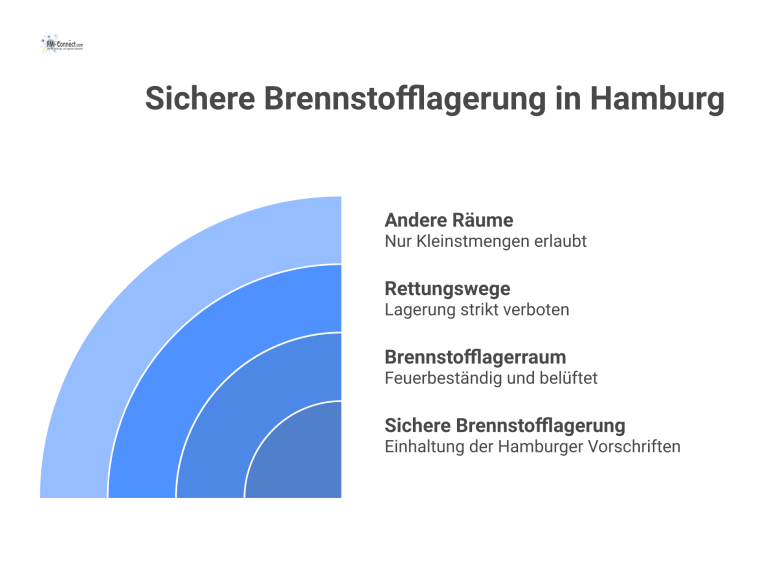 Infografik: Sichere Brennstofflagerung in Hamburg Infografik zeigt die drei Zonen für die sichere Brennstofflagerung nach Hamburger Vorschrift: Lagerraum, Rettungswege und andere Räume.
