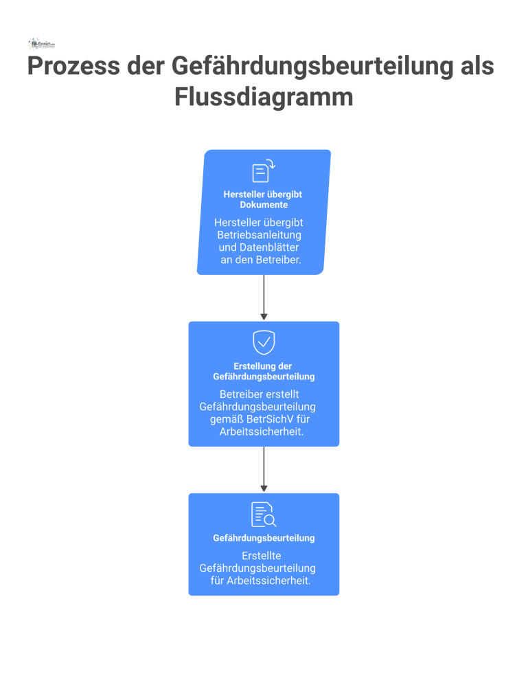 Prozess der Gefährdungsbeurteilung als Flussdiagramm Flussdiagramm des Prozesses zur Gefährdungsbeurteilung: Ein Hersteller übergibt Dokumente, aus denen der Betreiber die rechtlich konforme Beurteilung erstellt.