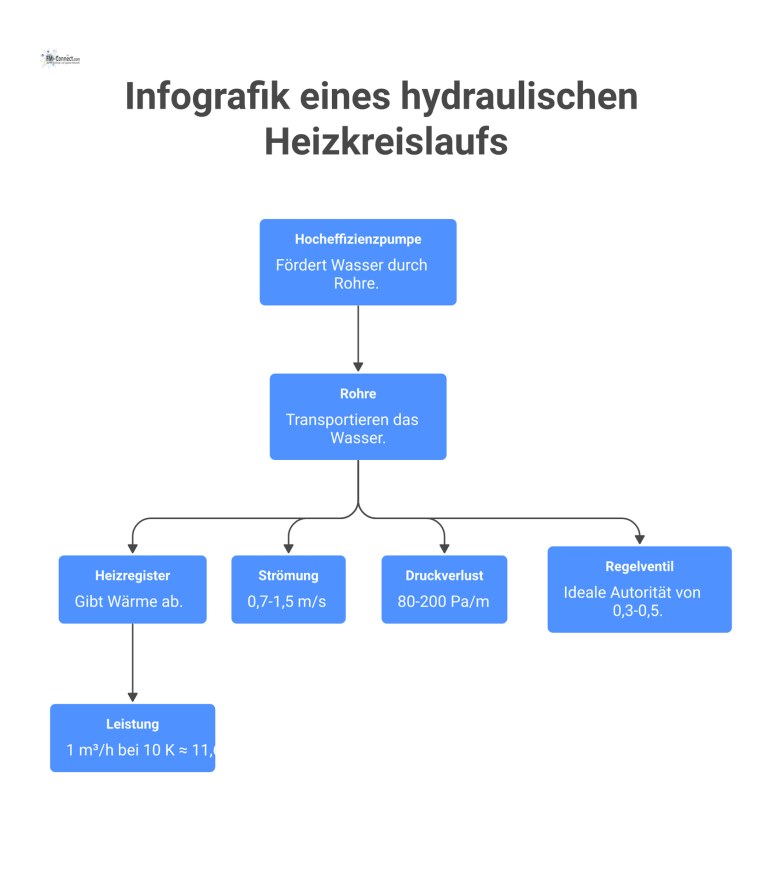  Technisches Diagramm eines hydraulischen Heizkreislaufs mit Pumpe, Heizregister, Regelventil und wichtigen Kennwerten für Strömung und Druckverlust