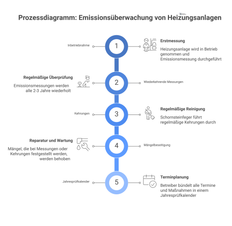  Prozessdiagramm zum Regelprozess der Emissionsüberwachung für Heizungsanlagen, das die Pflichten von Betreiber und Schornsteinfeger im gesamten Prüfzyklus darstellt.