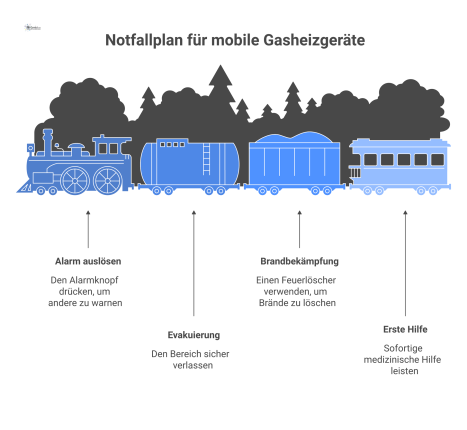 Diagramm eines Notfallplans für Gasheizgeräte, das Piktogramme für Alarm, Evakuierung, Brandbekämpfung und Erste Hilfe bei einem Defekt zeigt