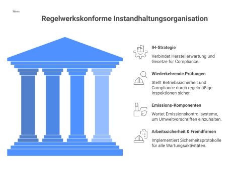 Diagramm einer regelwerkskonformen Instandhaltungsorganisation, das die vier verbundenen Kernbereiche IH-Strategie, Prüfungen, Emissionen und Arbeitssicherheit darstellt. 