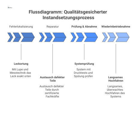  Flussdiagramm eines qualitätsgesicherten Instandsetzungsprozesses in vier Phasen, beginnend bei der Fehlerlokalisierung, über Reparatur und Prüfung bis zur Wiederinbetriebnahme