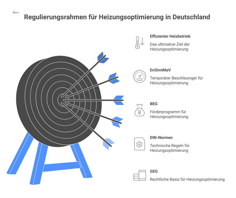 Regulierungsrahmen für Heizungsoptimierung in Deutschland Infografik zum Regulierungsrahmen für Heizungsoptimierung, der die vier Säulen GEG, DIN-Normen, BEG und EnSimiMaV als Basis zeigt.