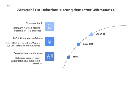 Eine Zeitstrahl-Infografik, die die Meilensteine zur Dekarbonisierung deutscher Wärmenetze mit wichtigen Zielen für die Jahre 2026, 2044 und 2045 darstellt.