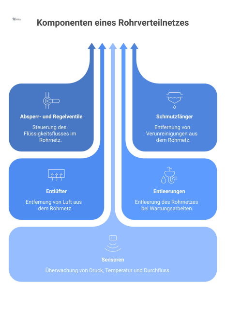 Infografik eines technischen Rohrverteilnetzes mit Ventilen, Schmutzfängern, Entlüftern, Entleerungen sowie Sensoren für Druck, Temperatur und Durchfluss.