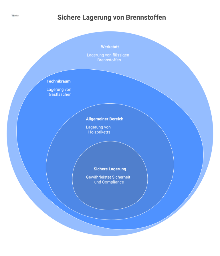 Sichere Lagerung von Brennstoffen Infografik zur Lagerung von Brennstoffen: Kanister in der Werkstatt, Gasflasche im Technikraum und Holzbriketts im allgemeinen Bereich.